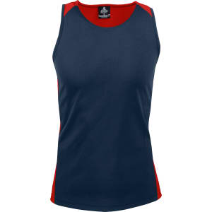 A navy and red singlet with a fitted design and a logo on the label. Perfect for active wear.