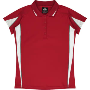 A red polo shirt with white side panels and a collar, featuring short sleeves and a logo.