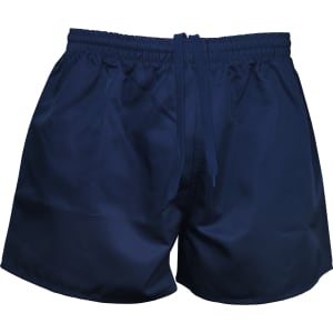 Navy blue rugby men's shorts with an elastic waistband and drawstring, featuring a logo.