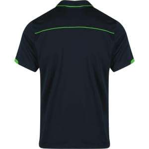 A navy polo shirt featuring green accents, with a simple design and a branded logo.