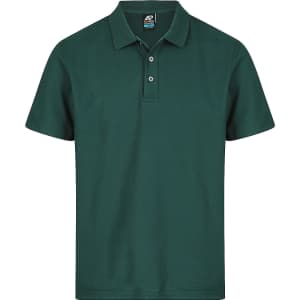 A dark green polo shirt featuring a collar, short sleeves, and a three-button placket. It has a logo.