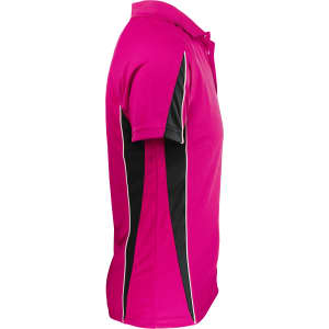 A bright pink polo shirt featuring black side panels and contrasting white trim. It has a logo on the front.