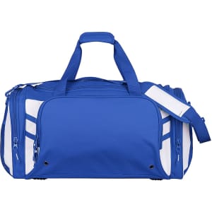 A blue and white duffle bag with handles and a detachable shoulder strap, featuring zippers and a logo.