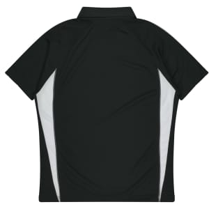 A black polo shirt featuring white side panels and a collar. The design is simple and lacks any visible branding.
