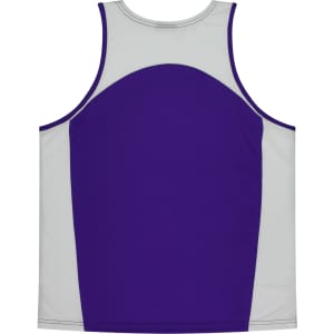 A sleeveless singlet featuring a purple front and grey back, designed for kids. Includes a logo.