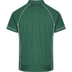 A green polo shirt with white piping details, featuring a back view. It has a collar and short sleeves.