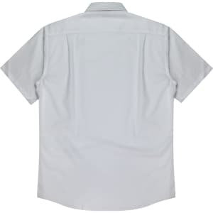 A short-sleeve button-up shirt in a light grey colour with a back view showcasing its design and features.