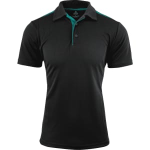 A black polo shirt featuring teal detailing and a collar, with a logo on the upper area.