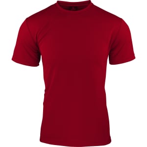 A red men's t-shirt featuring short sleeves and a smooth, fitted design. It has a logo on the front.