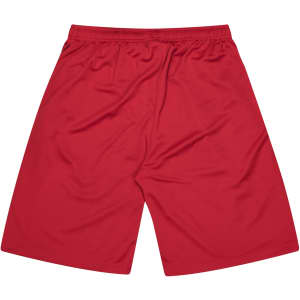 Red men's sports shorts made from lightweight fabric, featuring an elastic waistband and a logo.