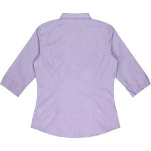 A lavender button-up shirt with 3/4 sleeves and a collar, featuring a logo on the back.