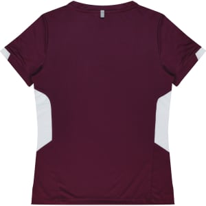 A maroon T-shirt with white side panels and a logo on the back. Short-sleeved design.