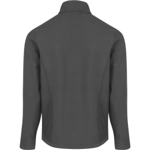 A soft shell jacket in dark grey, featuring a clean design and a collar, with a branding logo.