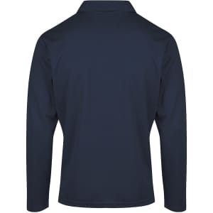 A navy blue men's polo shirt with long sleeves and a collar, featuring a branding logo.