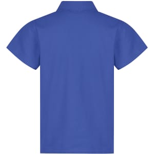 A blue polo shirt with short sleeves, featuring a collar and a logo on the back.