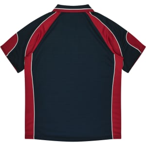 A dark navy polo shirt with red and white details, featuring a collar and short sleeves. It has a logo at the chest.