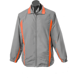 A grey track jacket with orange accents, featuring a zip front and a sporty design. It has a logo on the chest.