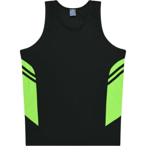 A black singlet with bright green side panels and a logo on the front.