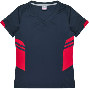 A navy and red women's T-shirt featuring a V-neck and contrasting side panels, with a logo.