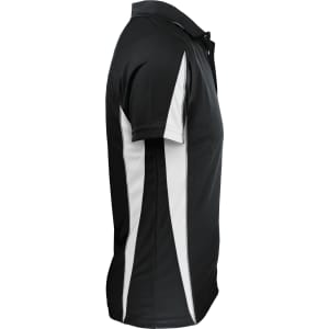 A black polo shirt with white side panel details and a classic collar. It has a logo on the front.