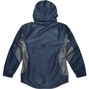 A navy and grey jacket featuring a hood and side panels, with a logo on the back.
