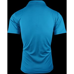A blue polo shirt featuring a plain back design and short sleeves, suitable for men's wear.