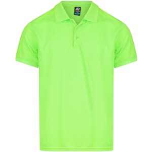A bright lime green polo shirt with a collar and three buttons, featuring a logo.