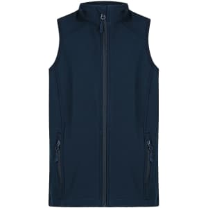 A navy vests featuring a zip front and two side pockets, designed for kids. It has a logo on the chest.