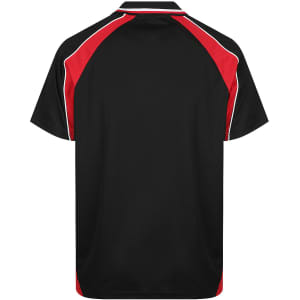 A black polo shirt with red and white accents, featuring a logo on the front.