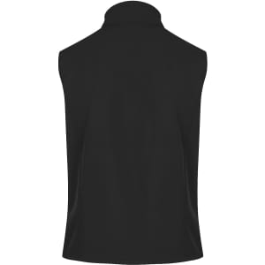 A black men's vest with a high collar, featuring a simple design and no sleeves. It has a branded logo on it.