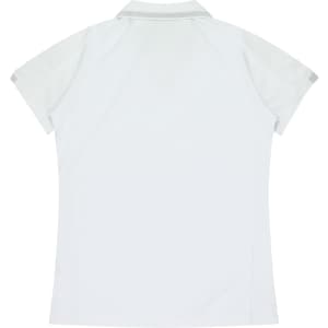 A white polo shirt featuring short sleeves and a simplistic design with a branding logo on the back.