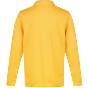 A bright yellow long-sleeved polo shirt with a collar, featuring a brand logo.