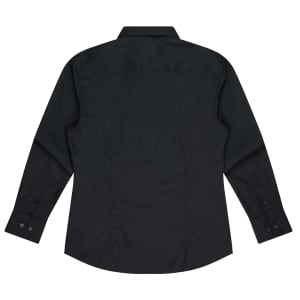 A long sleeve black button-up shirt with a classic collar and fitted back design. Features button details on the cuffs.