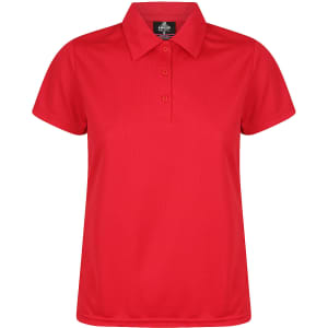 A red polo shirt featuring a collar and three buttons, with a logo on the chest area.
