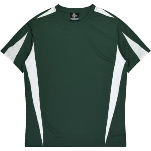 A green T-shirt with white accents, featuring a logo at the collar.
