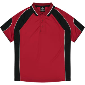 A red and black polo shirt featuring a collar and short sleeves, with a logo on the front.
