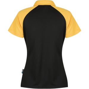 A black and yellow polo shirt featuring a sporty design with short sleeves and a collar, showcasing a logo.