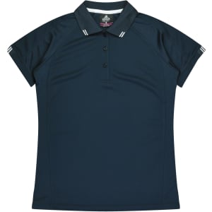 A navy blue polo shirt featuring a collar, button placket, and short sleeves with white stripes. Includes a logo.