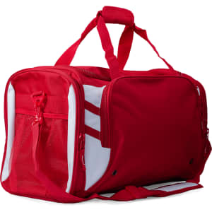 A red duffle bag with white accents, featuring a mesh pocket and sturdy handles. It has a branding logo.