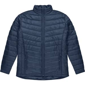 A navy blue puffer jacket featuring a high neck, zip front, and side pockets, with branding on the chest.