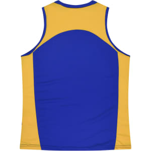 A blue and gold sports singlet featuring a logo. Designed for comfort and active wear.