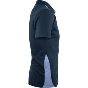 A navy and light grey men's polo shirt with a side split, featuring a classic collar and short sleeves.
