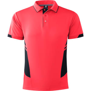 A red polo shirt featuring black accents and a logo on the chest. Suitable for various casual occasions.