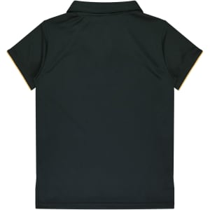 A dark green polo shirt featuring short sleeves and a contrasting trim. Includes a logo on the front.