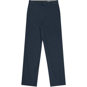 Flat front men's pants in a dark navy colour, featuring pockets and a waistband with a logo.