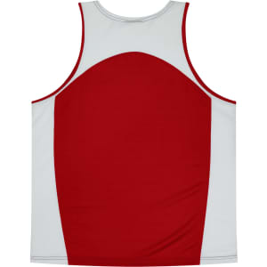 A red and white singlet featuring a logo, with a simple design and a round back panel.