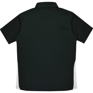 A dark green polo shirt with short sleeves features a white side panel and a collar. It has a logo on it.