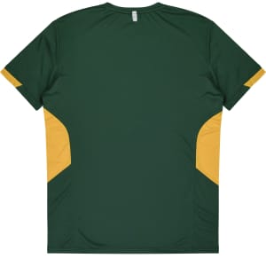 A green T-shirt with yellow side panels and a logo on the back. Suitable for kids.