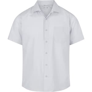 A short-sleeve button-up shirt in light blue with a single chest pocket and a logo.