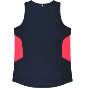A navy singlet with pink side panels and a logo. The design is sleeveless and features a round neck.